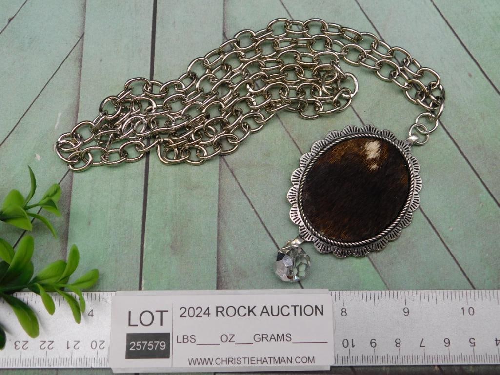 COW HIDE PENDANT ON CHAIN NECKLACE - 3
