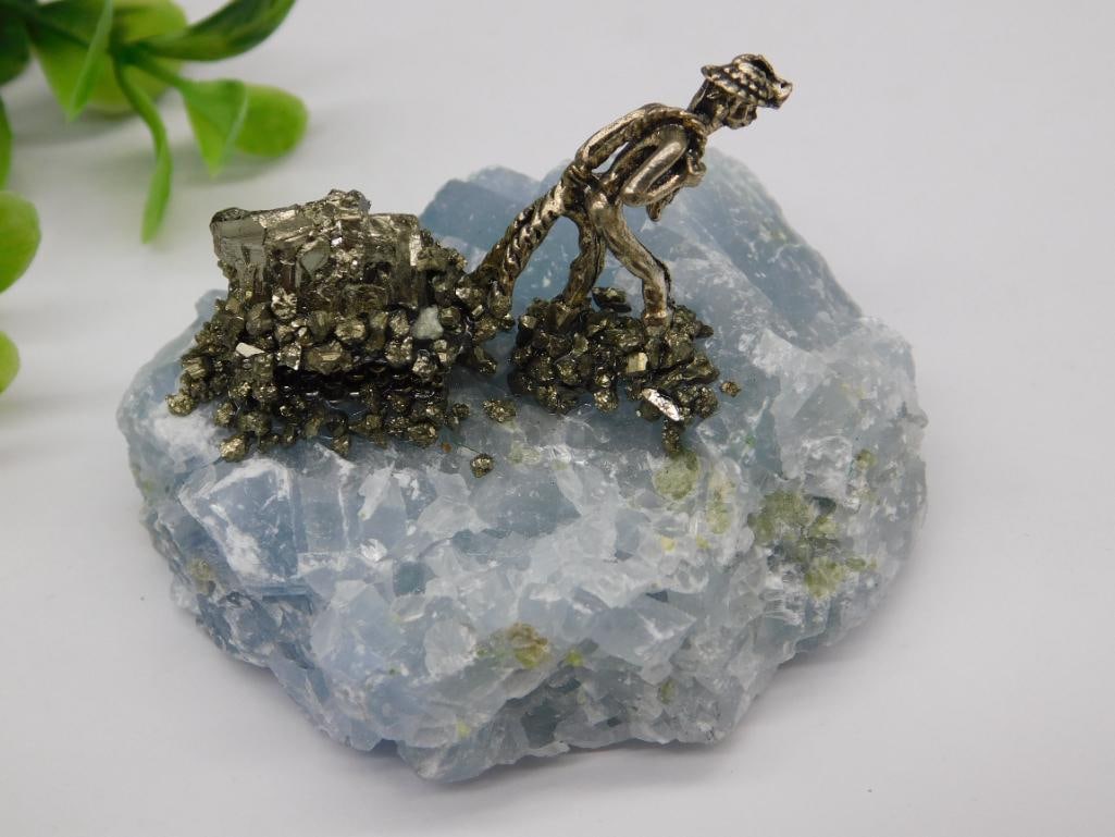 Pyrite Miner on Celestite Base ROCK STONE LAPIDARY SPECIMEN (1 of 2)