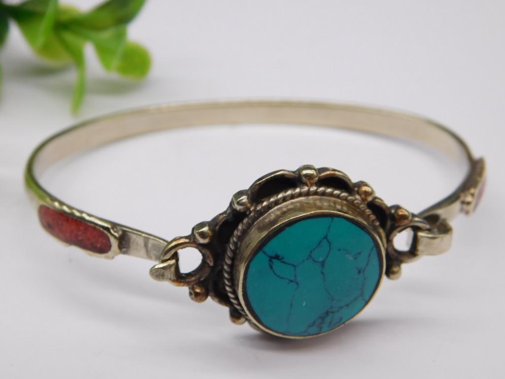 TURQUOISE AND RED CORAL CUFF BRACELET: TURQUOISE AND RED CORAL CUFF BRACELET