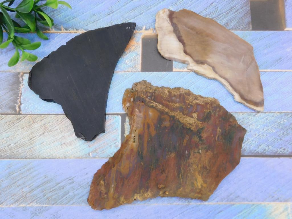 MIXED SLAB LOT ROCK STONE LAPIDARY SPECIMEN: MIXED SLAB LOT ROCK STONE LAPIDARY SPECIMEN — Part of our Discover The Grand Reveal, Crystals and Gems auction at HATMAN'S Auctions! Please see photos for measurements and condition. YES, we have