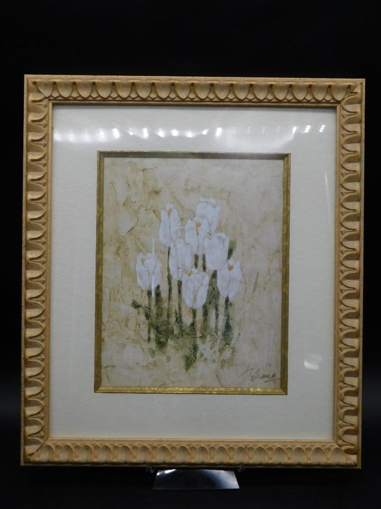 Framed Floral Artwork With Gold Trim: Framed Floral Artwork With Gold Trim