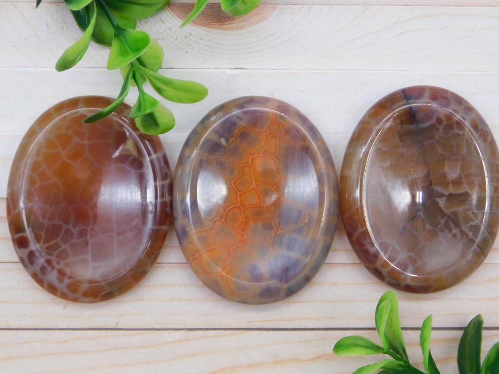 THREE FIRE AGATE WORRY STONES ROCK STONE LAPIDARY SPECIMEN: WELCOME TO HATMAN AUCTIONS! SPECIAL NOTICE: Please see photos for measurements and descriptions. ***Yes, we have in house shipping with MANY REPEAT CUSTOMERS because of our streamlined service.