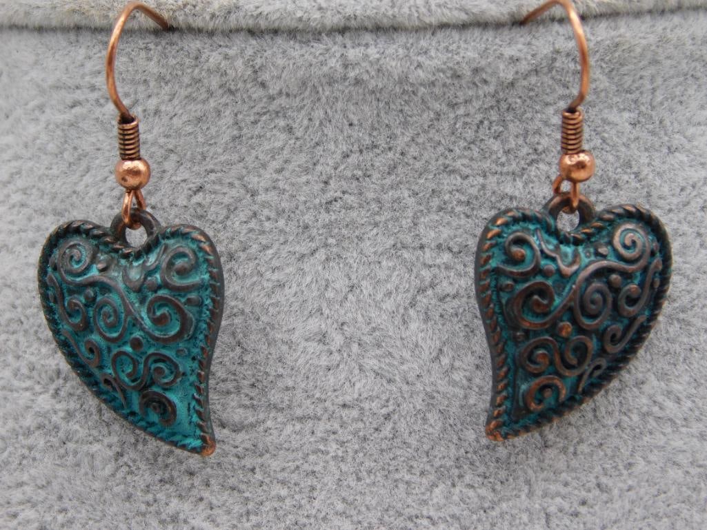 Copper Heart Necklace and Earring Set with Patina Finish: Copper Heart Necklace and Earring Set with Patina Finish