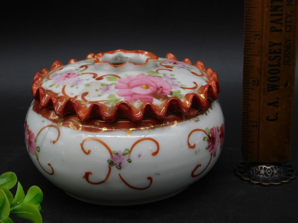 Antique Hand-Painted Porcelain Lidded Bowl: Antique Hand-Painted Porcelain Lidded Bowl