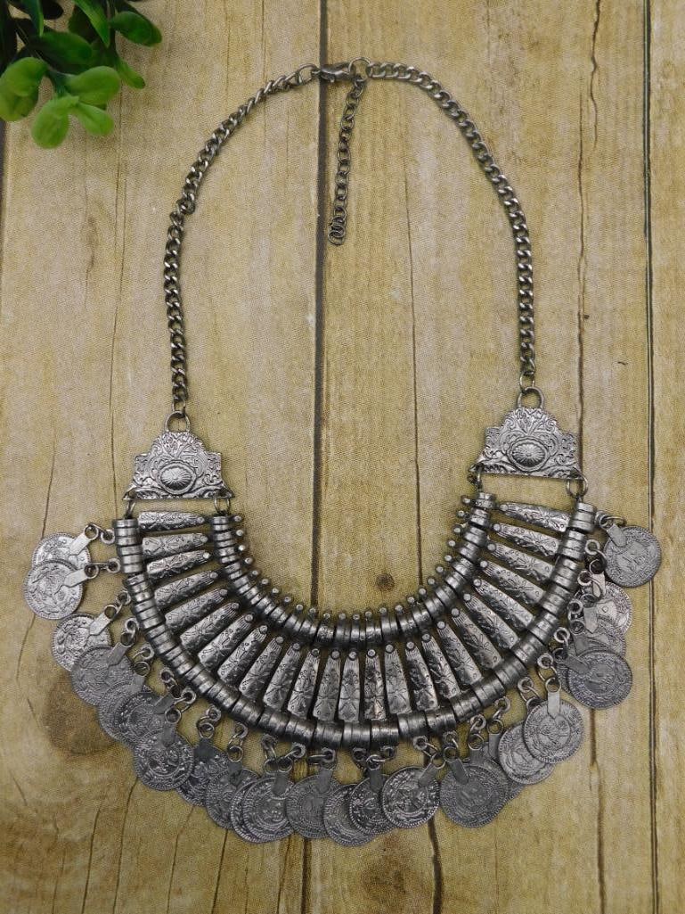 COIN AND PLANK NECKLACE: COIN AND PLANK NECKLACE - Authentic estate find offered in our online auction. Perfect for collectors, resellers, and enthusiasts of vintage, antiques, minerals, rocks, crystals, jewelry, and rare uni