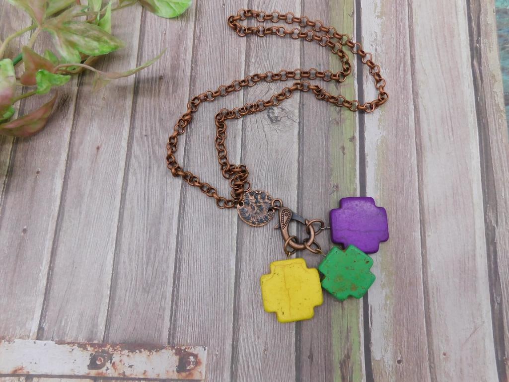Copper Chain Necklace with Purple Green and Yellow Charms: Copper Chain Necklace with Purple, Green, and Yellow Charms - Part of our Discover Mystic Finds, Crystals and Gems auction at HATMAN'S Auctions! Please see photos for measurements and condition. YES,