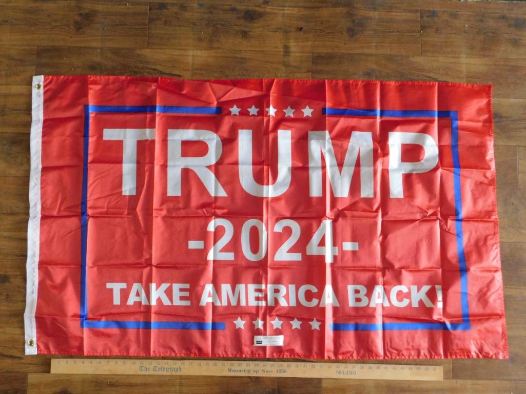 2024 TAKE AMERICA BACK DONALD TRUMP FLAG: 2024 TAKE AMERICA BACK DONALD TRUMP FLAG - Authentic estate find offered in our online auction. Perfect for collectors, resellers, and enthusiasts of vintage, antiques, minerals, rocks, crystals,