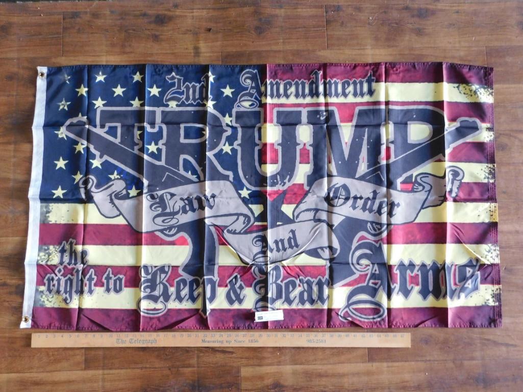 SECOND AMENDMENT DONALD TRUMP FLAG: SECOND AMENDMENT DONALD TRUMP FLAG - Authentic estate find offered in our online auction. Perfect for collectors, resellers, and enthusiasts of vintage, antiques, minerals, rocks, crystals, jewelry, a