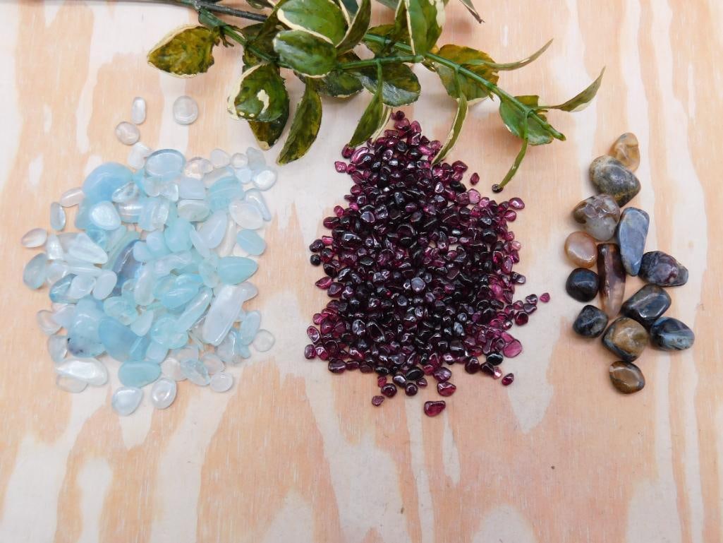 AQUAMARINE GARNET AND PIETERSITE GEMSTONES ROCK STONE LAPIDARY SPECIMEN: AQUAMARINE GARNET AND PIETERSITE GEMSTONES ROCK STONE LAPIDARY SPECIMEN — Part of our Discover Buried Treasure, Crystals and Gems auction at HATMAN'S Auctions! Please see photos for measurements and