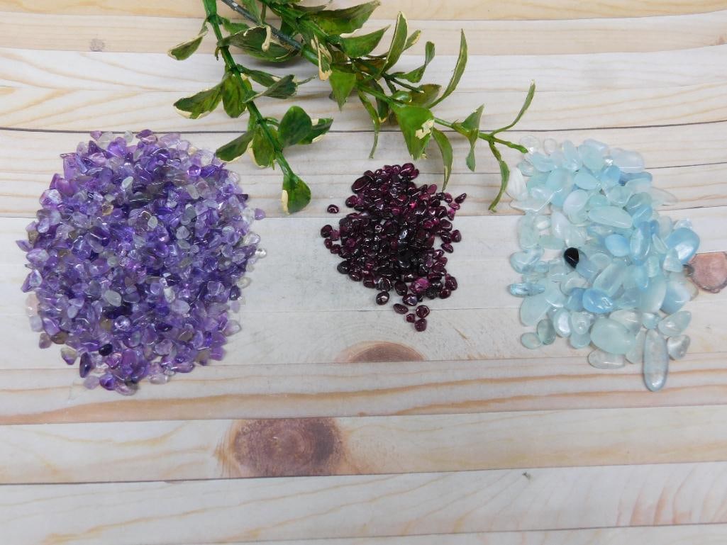 AQUAMARINE GARNET AND AMETHYST ROCK STONE LAPIDARY SPECIMEN: AQUAMARINE GARNET AND AMETHYST ROCK STONE LAPIDARY SPECIMEN — Part of our Discover Hidden Harbor, Crystals and Gems auction at HATMAN'S Auctions! Please see photos for measurements and condition. YE