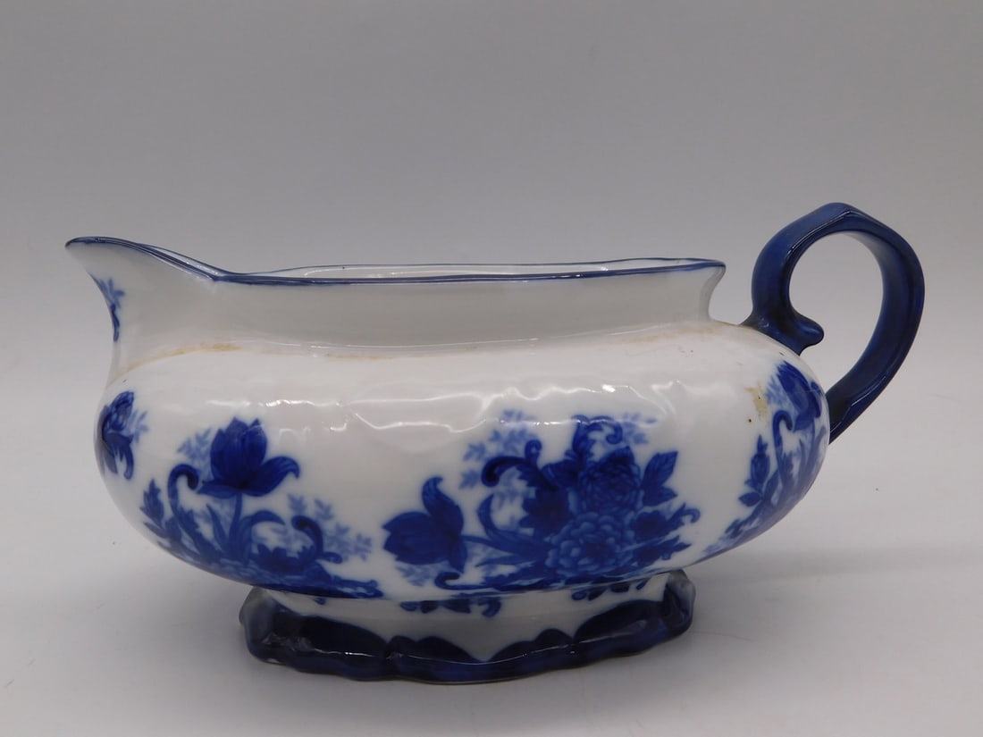 Flow Blue Porcelain Gravy Boat with Floral Design (1 of 2)