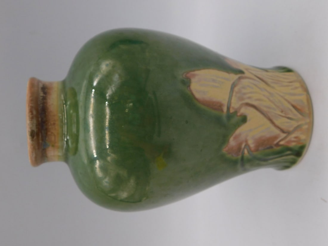 Green Art Pottery Vase with Hand-Painted Tulip Motif (1 of 4)