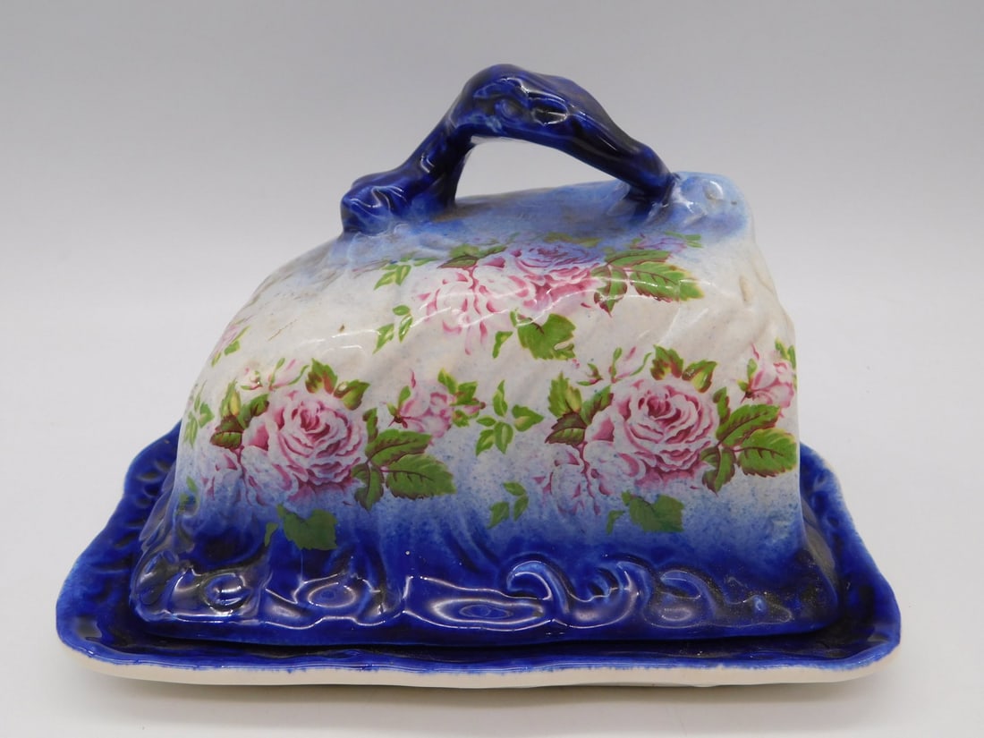 Antique Covered Cheese Dish with Underplate Cobalt Blue Rose Pattern (1 of 4)