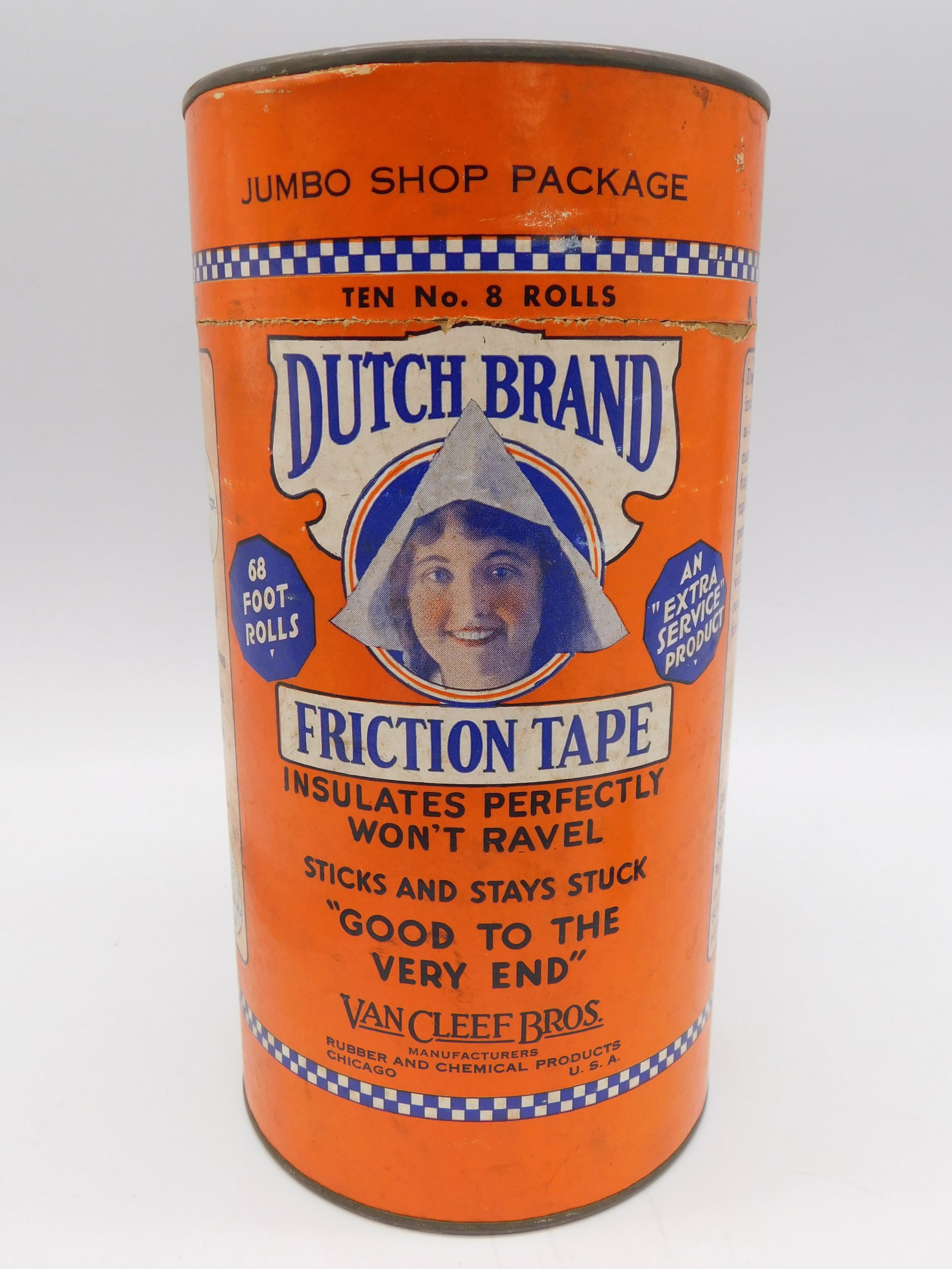 Dutch Brand Friction Tape Vintage Antique Tin Can Jumbo Shop Package: Dutch Brand Friction Tape Vintage Antique Tin Can Jumbo Shop Package represents a sought-after piece of vintage packaging history and americana collectible appeal. This bright orange cylindrical tin