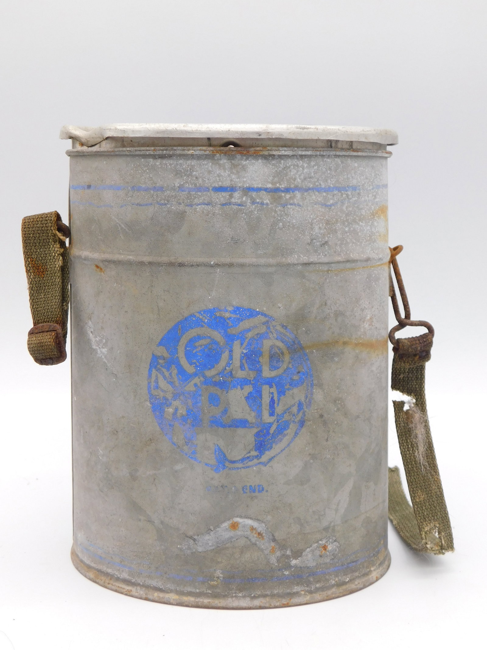 Vintage Antique OLD PAL MINNOW BUCKET: Vintage Antique Military Gas Mask Canister Equipment Case Canvas Strap Insignia represents a compelling piece of mid-20th century military history and memorabilia. This cylindrical metal container fea
