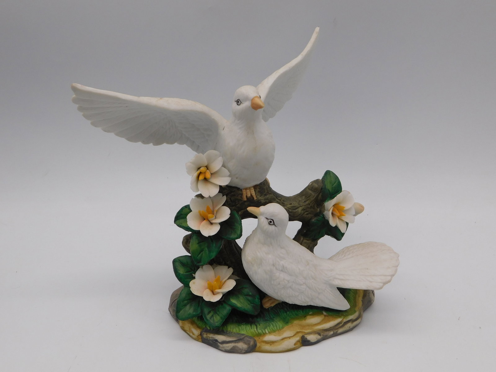 Vintage Antique Longwy Faience Porcelain Dove Pair Figurine White Birds Flowers Base (1 of 4)