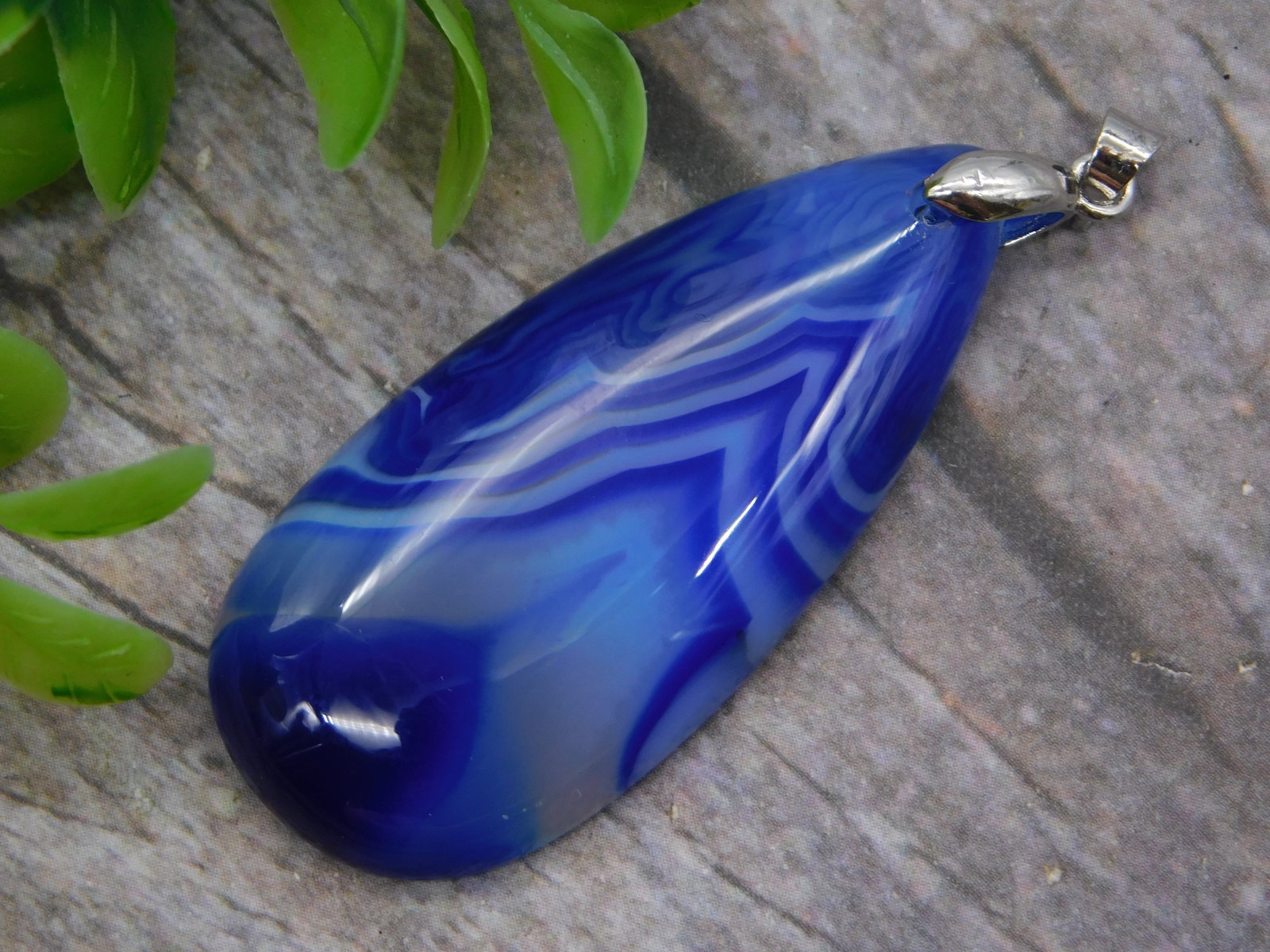 Blue Banded Agate Teardrop Pendant White Metal Jewelry (1 of 3)