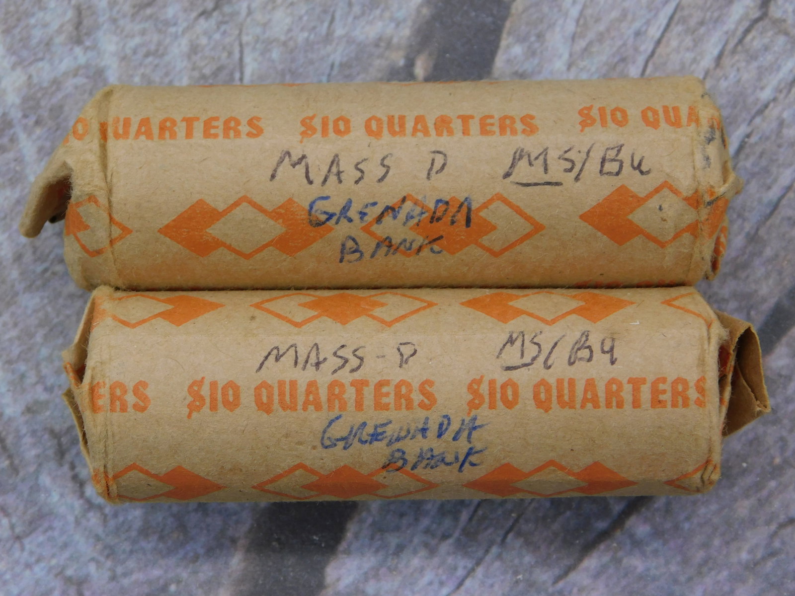 Vintage Antique Grandma Bank Quarter Rolls MS/64 Graded Numismatic Collectible: Vintage Antique Grandma Bank Quarter Rolls MS/64 Graded Numismatic Collectible represents authentic banking memorabilia and US currency collecting history. This lot includes two original bank wrapper