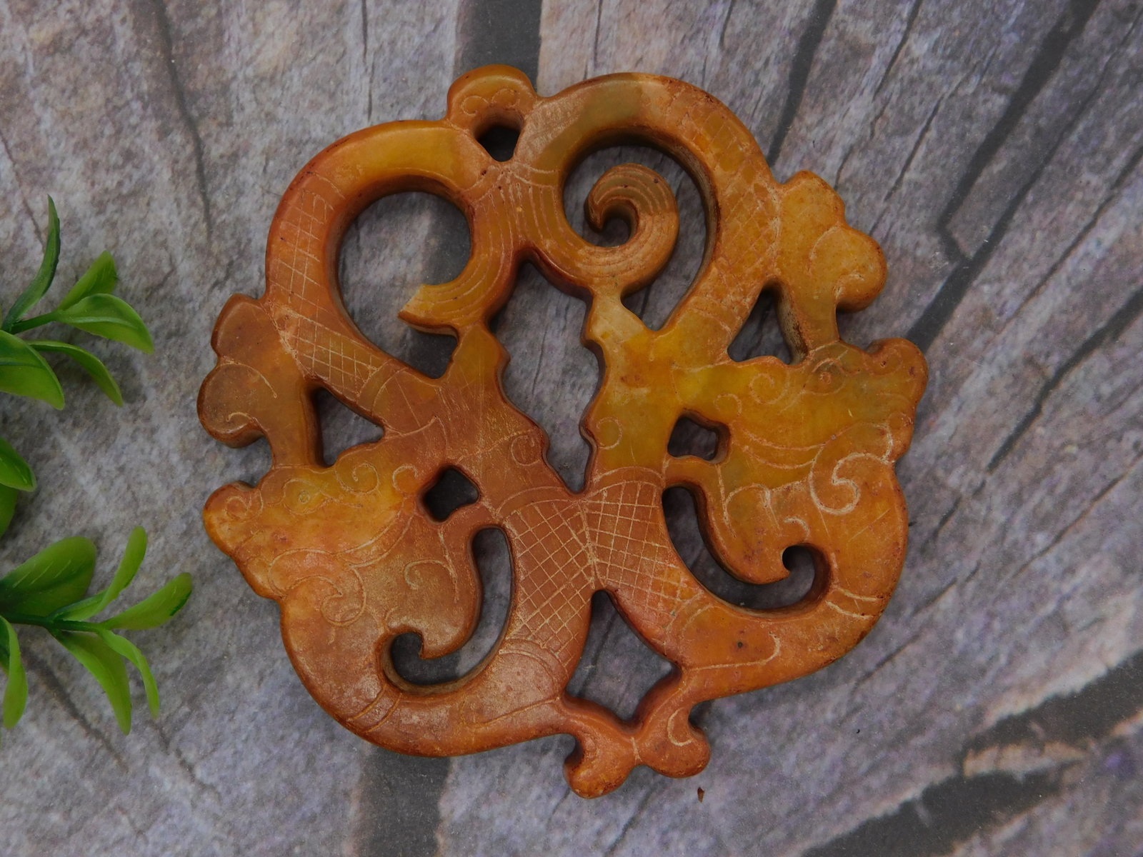 JADE STONE Asian Pendant Ornament Scrollwork: Vintage Antique Carved Wooden Asian Pendant Ornament Scrollwork. This exceptional carved wooden pendant showcases masterful artisanal craftsmanship with elaborate openwork design and symmetrical scrol