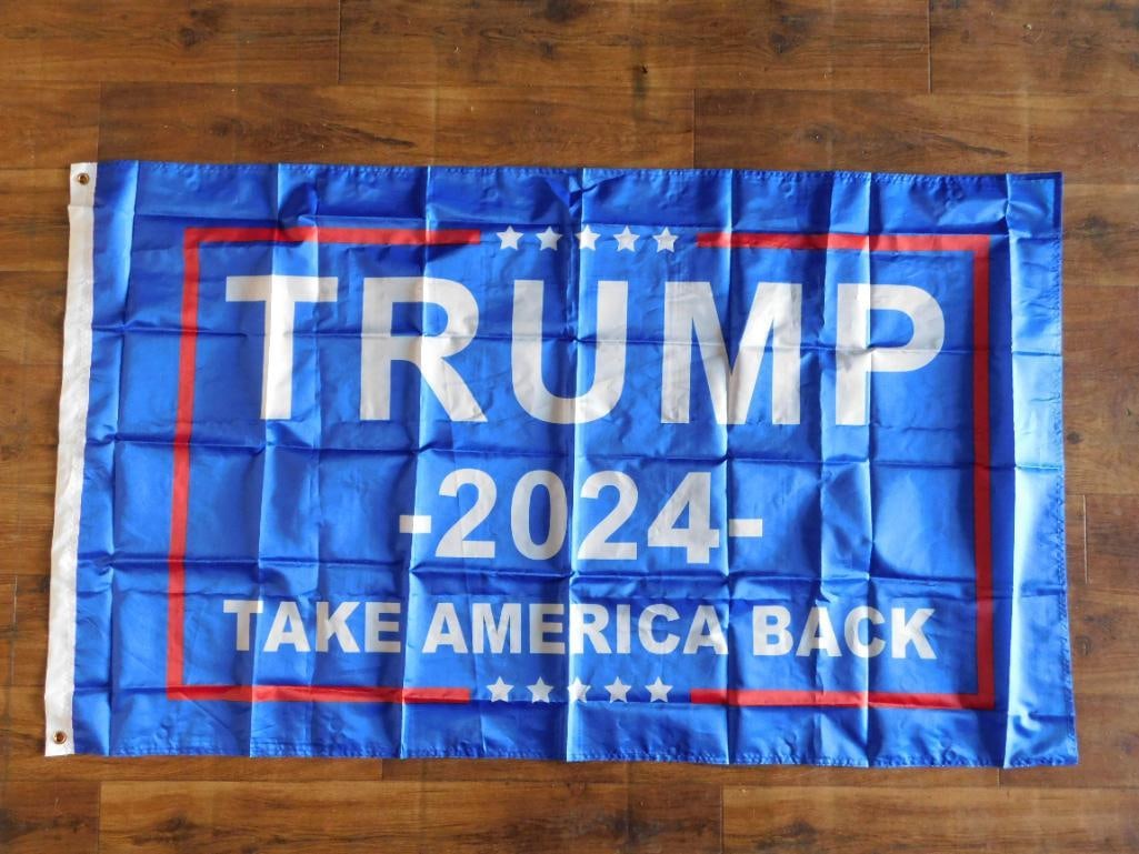 2024 TAKE AMERICA BACK DONALD TRUMP FLAG: 2024 TAKE AMERICA BACK DONALD TRUMP FLAG - Authentic estate find offered in our online auction. Perfect for collectors, resellers, and enthusiasts of vintage, antiques, minerals, rocks, crystals,