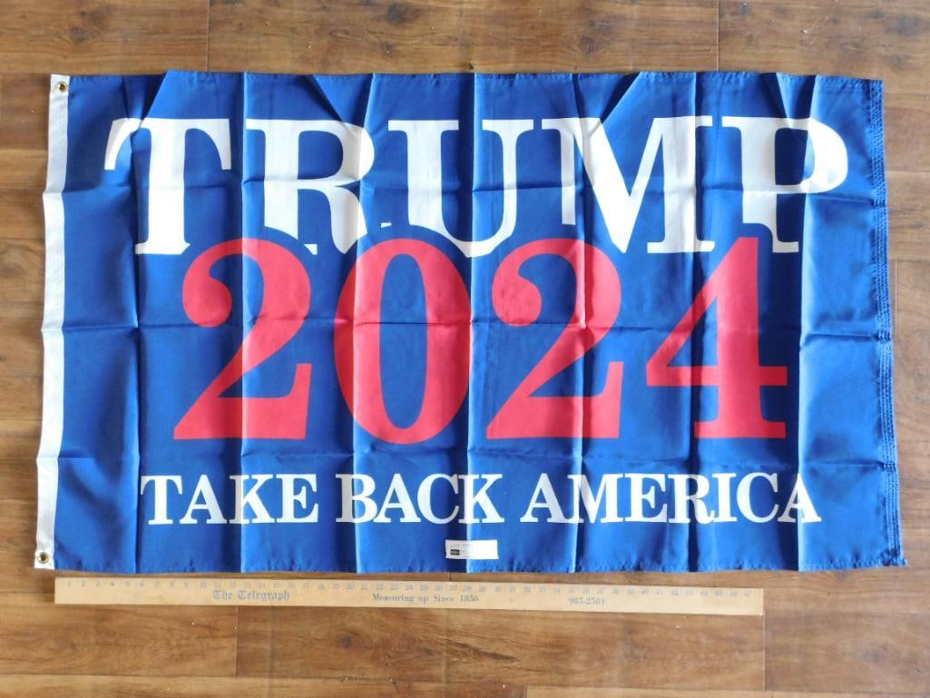 2024 TAKE BACK AMERICA DONALD TRUMP FLAG: 2024 TAKE BACK AMERICA DONALD TRUMP FLAG - Authentic estate find offered in our online auction. Perfect for collectors, resellers, and enthusiasts of vintage, antiques, minerals, rocks, crystals,