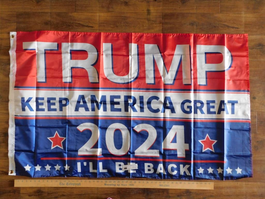 2024 ILL BE BACK KEEP AMERICA GREAT DONALD TRUMP FLAG: 2024 ILL BE BACK KEEP AMERICA GREAT DONALD TRUMP FLAG - Authentic estate find offered in our online auction. Perfect for collectors, resellers, and enthusiasts of vintage, antiques, minerals, rocks, c
