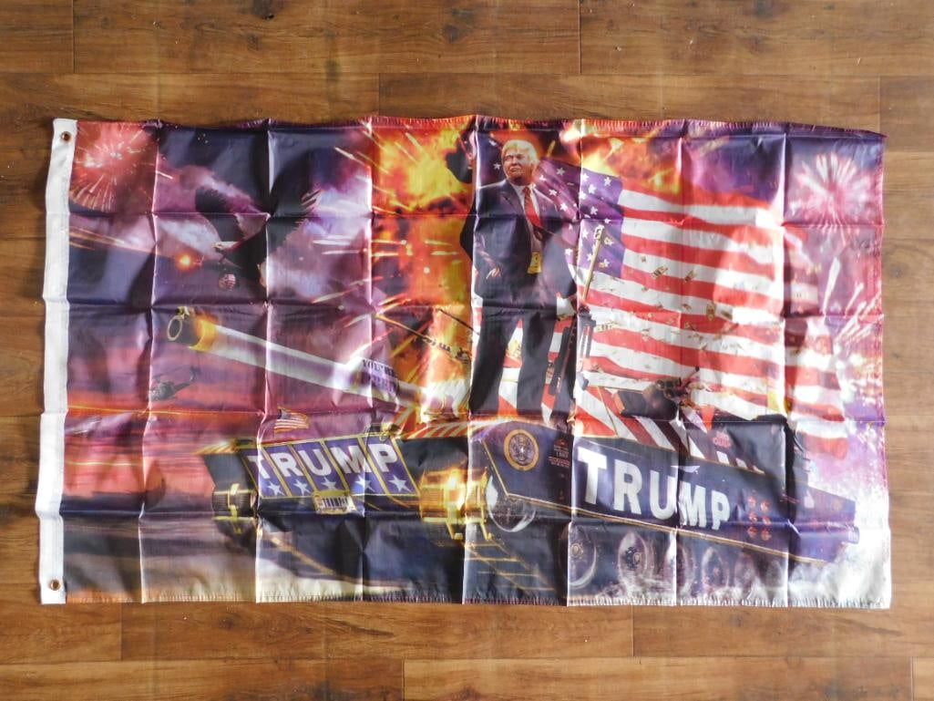 DONALD TRUMP TANK FLAG: DONALD TRUMP TANK FLAG - Authentic estate find offered in our online auction. Perfect for collectors, resellers, and enthusiasts of vintage, antiques, minerals, rocks, crystals, jewelry, and rare uniq