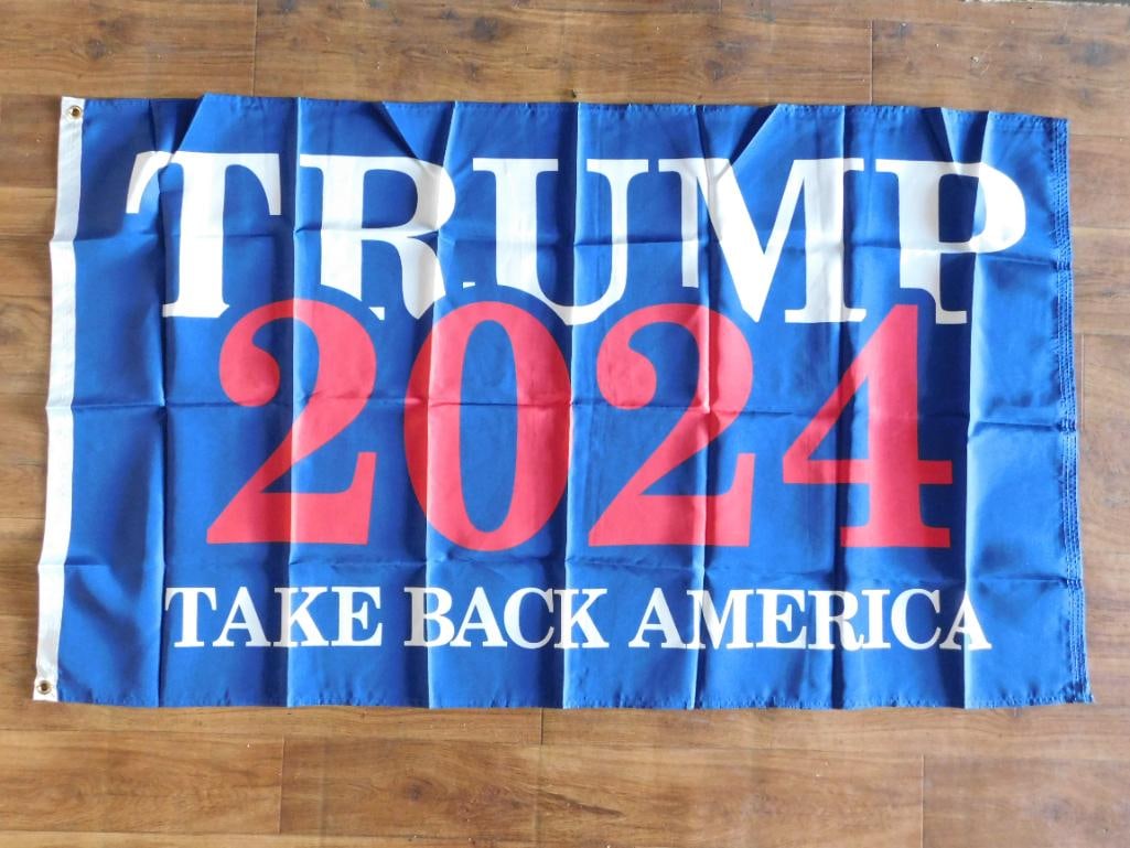 2024 TAKE BACK AMERICA DONALD TRUMP FLAG: 2024 TAKE BACK AMERICA DONALD TRUMP FLAG - Authentic estate find offered in our online auction. Perfect for collectors, resellers, and enthusiasts of vintage, antiques, minerals, rocks, crystals,