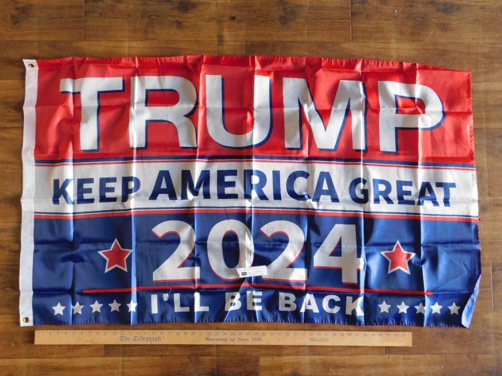 2024 ILL BE BACK KEEP AMERICA GREAT DONALD TRUMP FLAG: 2024 ILL BE BACK KEEP AMERICA GREAT DONALD TRUMP FLAG - Authentic estate find offered in our online auction. Perfect for collectors, resellers, and enthusiasts of vintage, antiques, minerals, rocks,