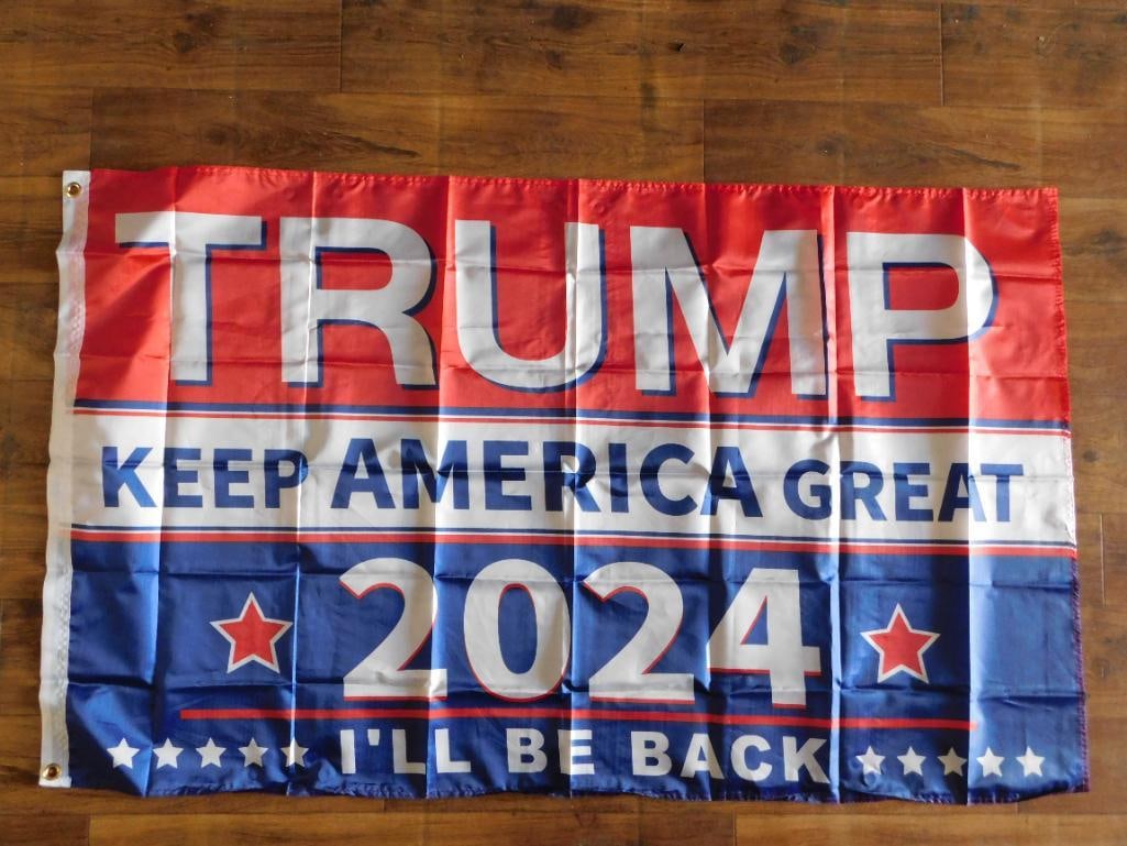 2024 ILL BE BACK KEEP AMERICA GREAT DONALD TRUMP FLAG: 2024 ILL BE BACK KEEP AMERICA GREAT DONALD TRUMP FLAG - Authentic estate find offered in our online auction. Perfect for collectors, resellers, and enthusiasts of vintage, antiques, minerals, rocks,