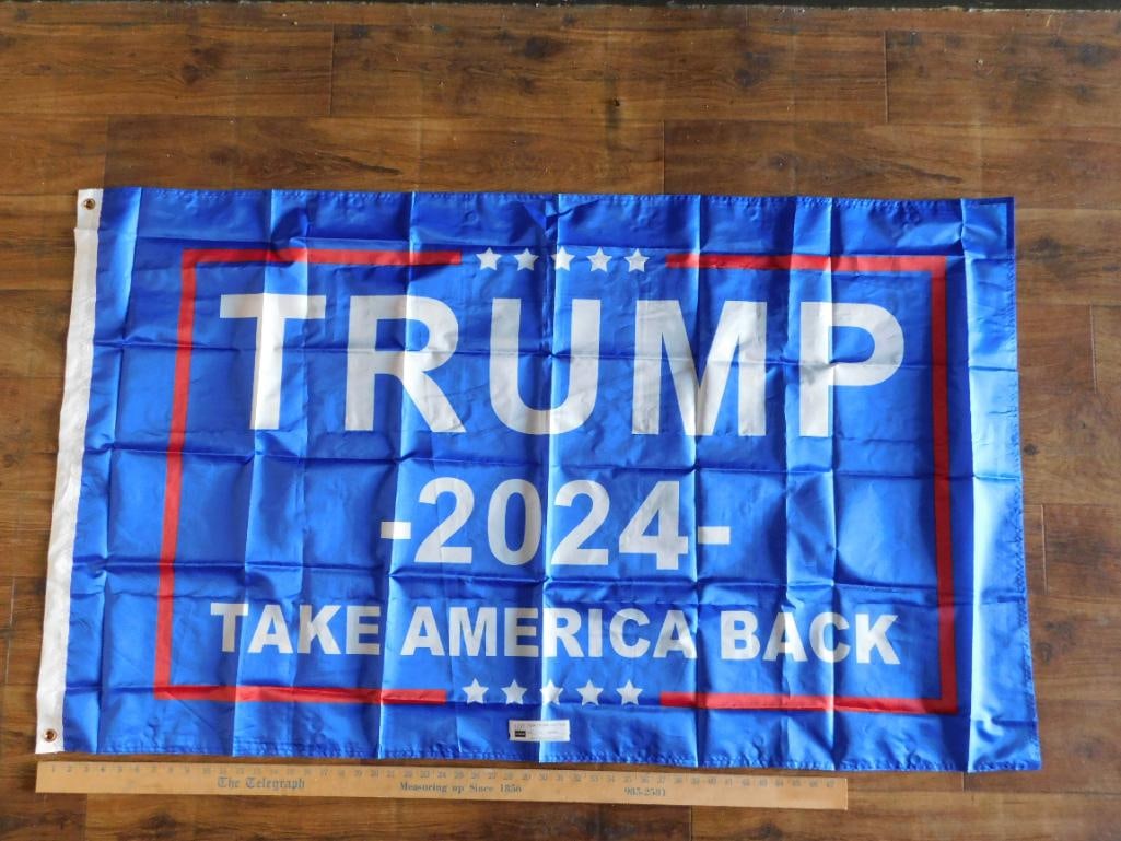 2024 TAKE AMERICA BACK DONALD TRUMP FLAG: 2024 TAKE AMERICA BACK DONALD TRUMP FLAG - Authentic estate find offered in our online auction. Perfect for collectors, resellers, and enthusiasts of vintage, antiques, minerals, rocks, crystals, jewe