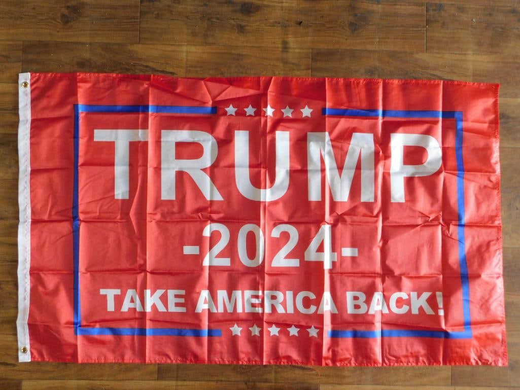2024 TAKE AMERICA BACK DONALD TRUMP FLAG: 2024 TAKE AMERICA BACK DONALD TRUMP FLAG - Authentic estate find offered in our online auction. Perfect for collectors, resellers, and enthusiasts of vintage, antiques, minerals, rocks, crystals,