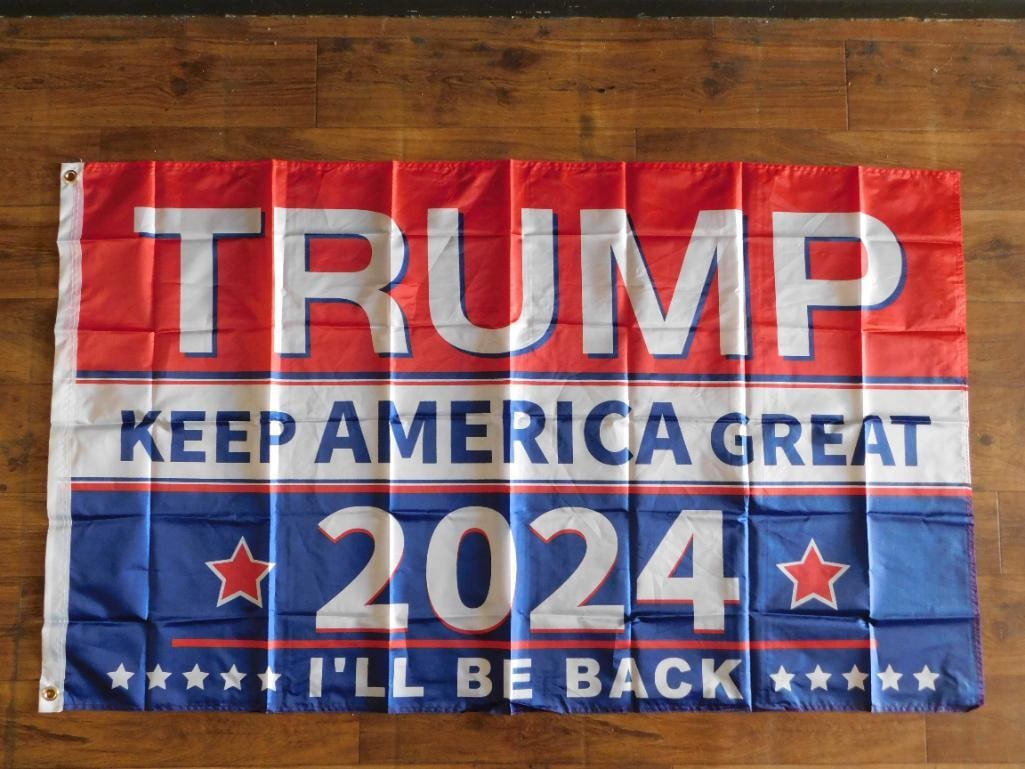 2024 ILL BE BACK KEEP AMERICA GREAT DONALD TRUMP FLAG: 2024 ILL BE BACK KEEP AMERICA GREAT DONALD TRUMP FLAG - Authentic estate find offered in our online auction. Perfect for collectors, resellers, and enthusiasts of vintage, antiques, minerals, rocks,