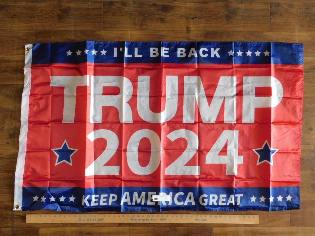2024 ILL BE BACK KEEP AMERICA GREAT DONALD TRUMP FLAG: 2024 ILL BE BACK KEEP AMERICA GREAT DONALD TRUMP FLAG - Authentic estate find offered in our online auction. Perfect for collectors, resellers, and enthusiasts of vintage, antiques, minerals, rocks,