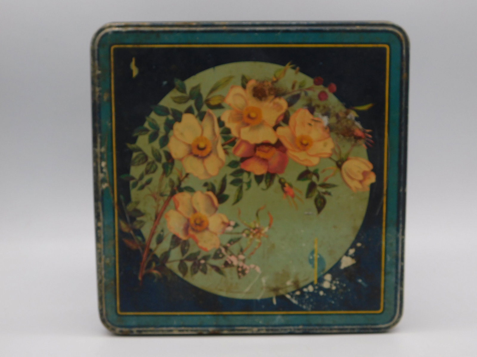 Vintage Antique Floral Painted Tin Box Decorative Teal Metal Container Collectible (1 of 3)