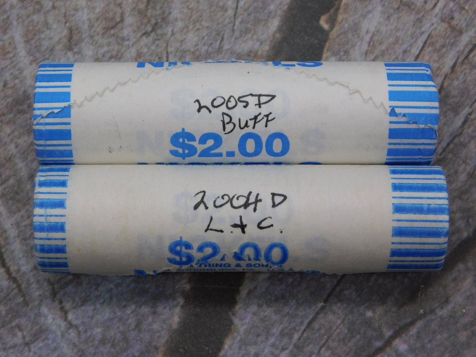 Two Dollar Bill Currency Rolls 2005D Buff 2004D LC Vintage Numismatic Collectible: Two Dollar Bill Currency Rolls 2005D Buff 2004D LC Vintage Numismatic Collectible. This rare pair of sealed US two-dollar bill rolls represents genuine numismatic collectibles in original bank