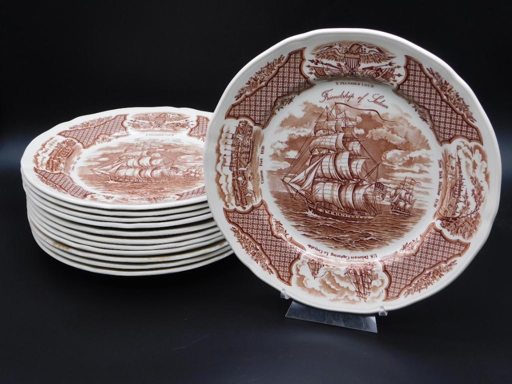 FAIR WINDS COPPER ENGRAVINGS THE FRIENDSHIP OF SALEM 11 INCH DINNER PLATES 12 PIECES VINTAGE ANTIQUE (1 of 8)