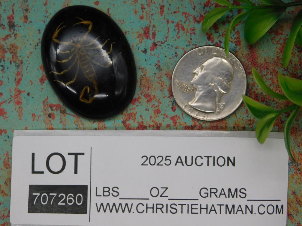 Oval Black Stone With Embedded Scorpion Design - 2