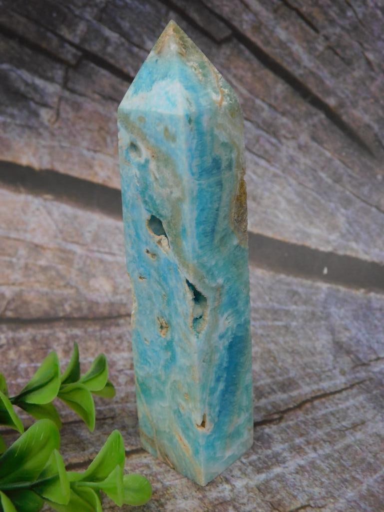 Polished LARIMER Blue Mineral Gemstone Tower with Cavities: Polished LARIMER Blue Mineral Gemstone Tower with Cavities