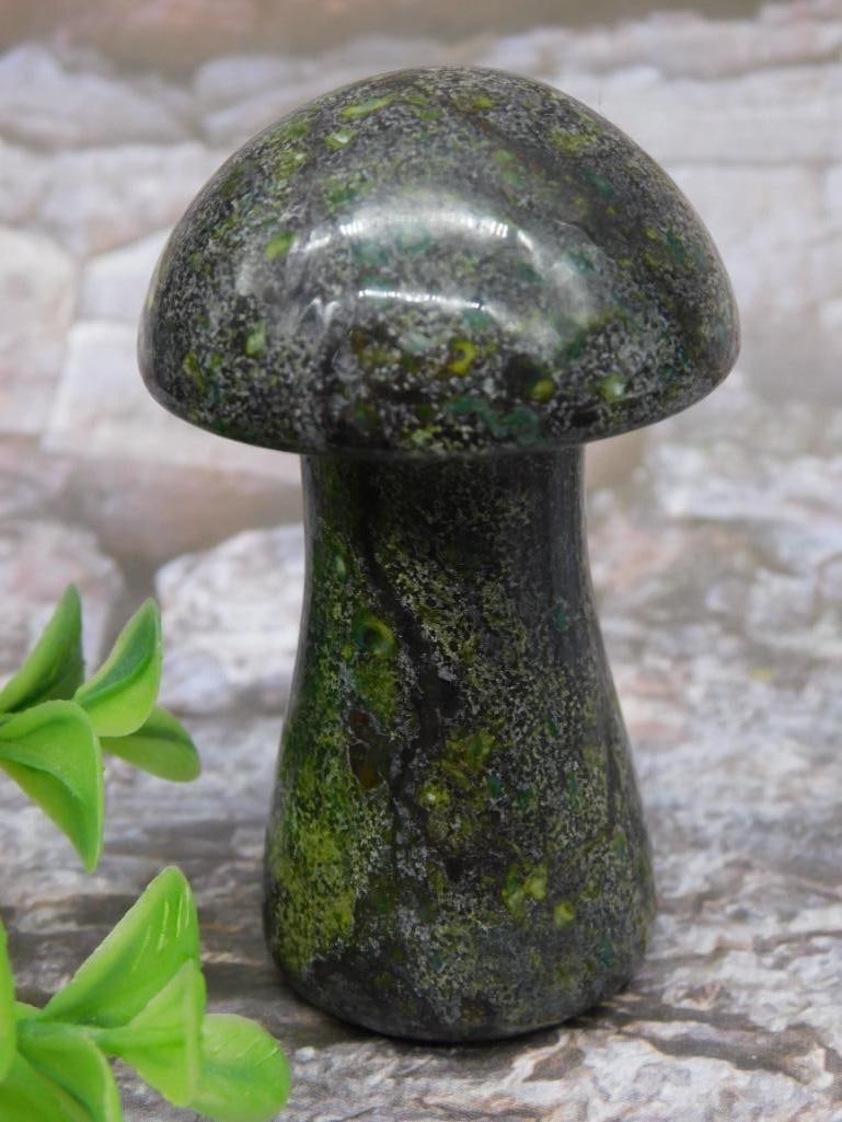 Polished Green and Black Stone Mushroom Figurine: Polished Green and Black Stone Mushroom Figurine