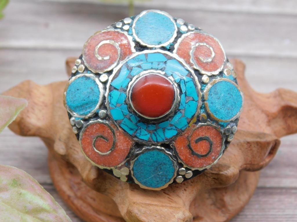 Turquoise and Red Coral Round Decorative Metal and Stone Ring (1 of 3)