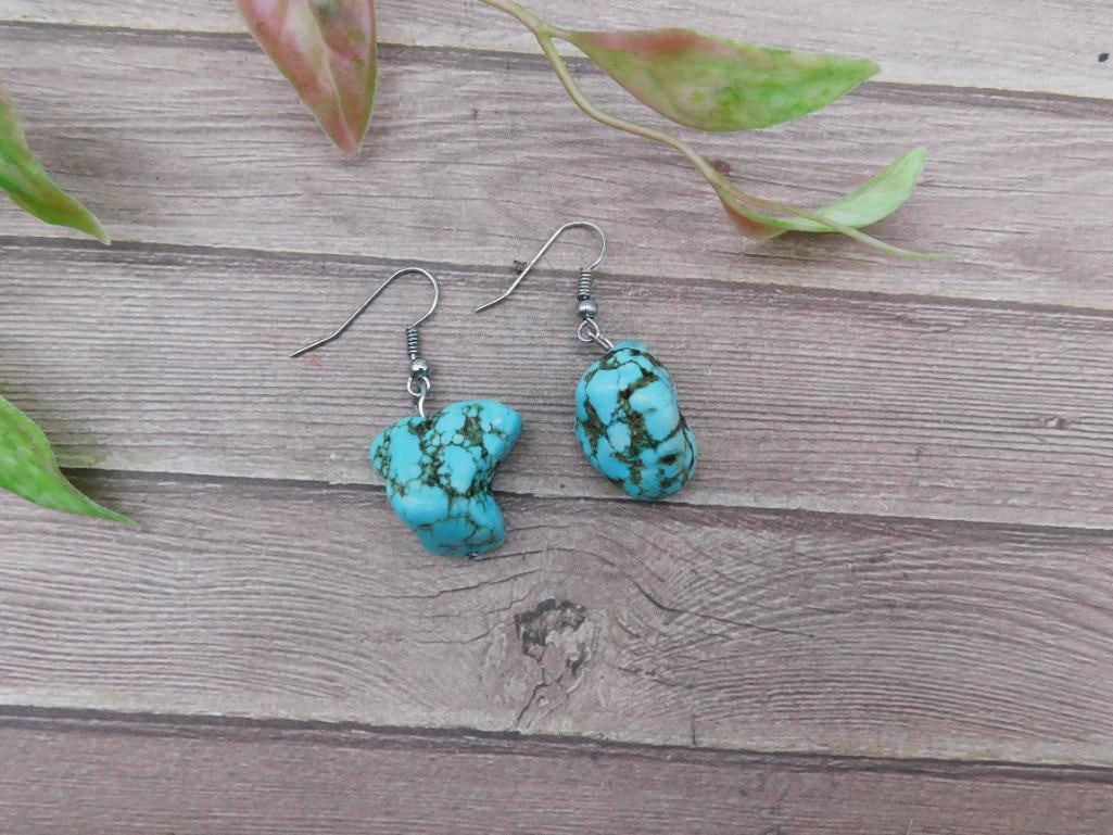 Turquoise Chunk Dangle Earrings with Silver Hooks: Turquoise Chunk Dangle Earrings with Silver Hooks