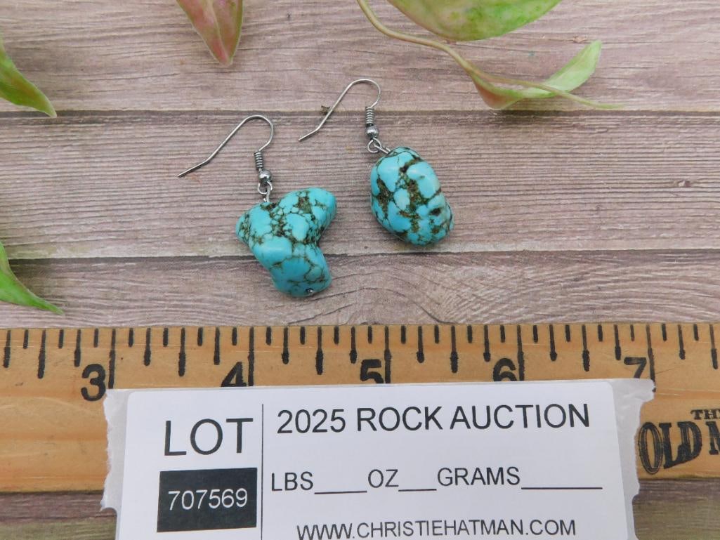 Turquoise Chunk Dangle Earrings with Silver Hooks - 2