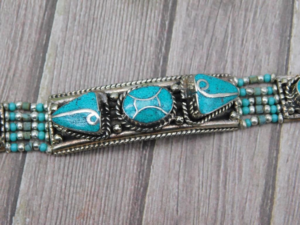 Turquoise and Silver-Tone Beaded Bracelet - 2