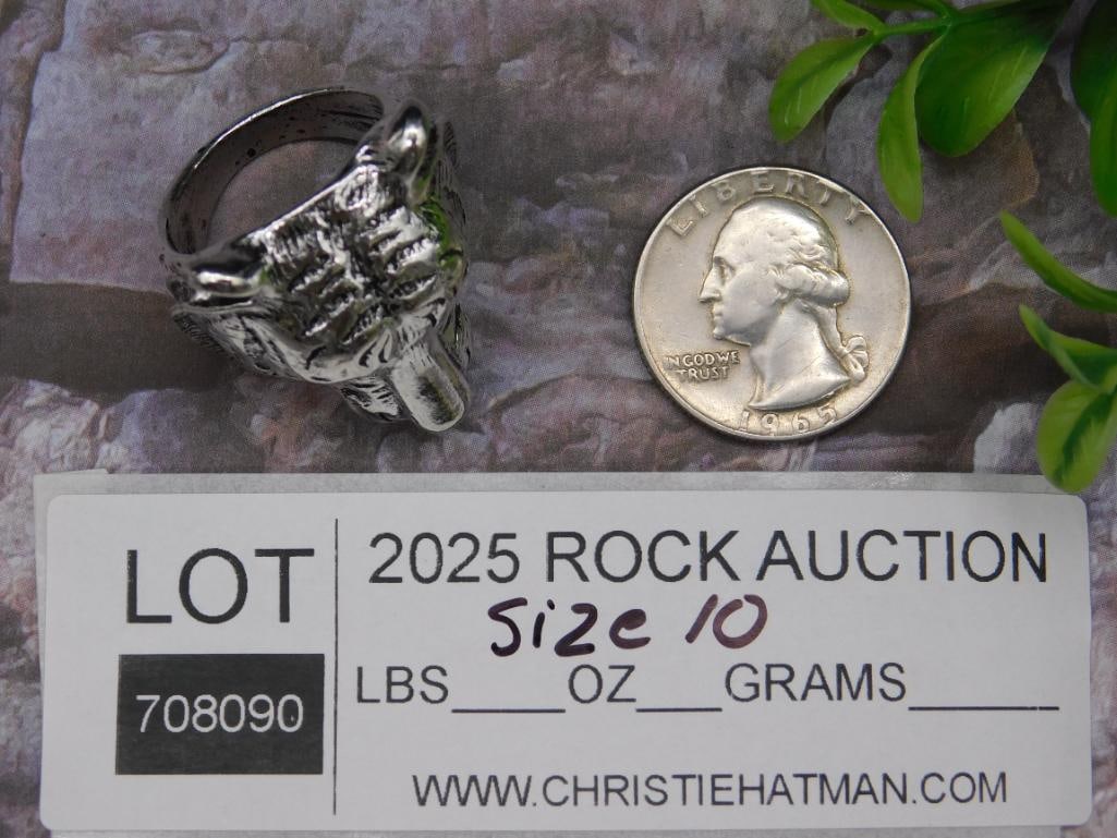 Silver Tone Tiger Head Ring Size 10 - 2