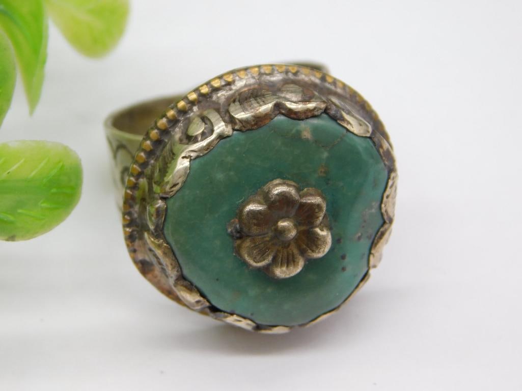 TURQUOISE ADJUSTABLE STATEMENT RING WITH INTRICATE TOOLING: TURQUOISE ADJUSTABLE STATEMENT RING WITH INTRICATE TOOLING — Part of our Discover Antique Alley, Crystals and Gems auction at HATMAN'S Auctions! Please see photos for measurements and condition.