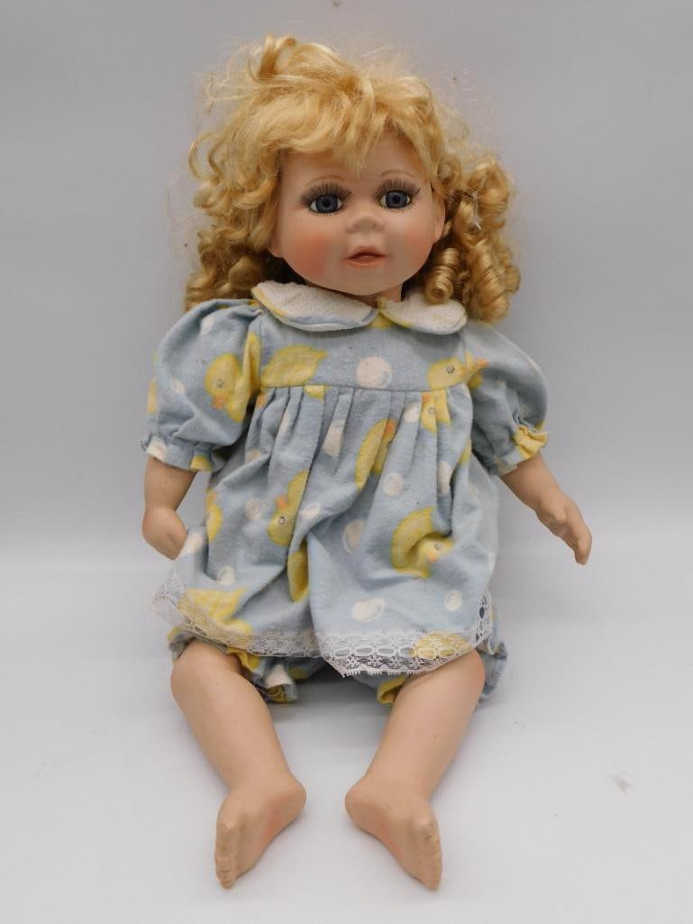 ASHLEY BELLE VINTAGE PORCELAIN BABY DOLL WITH DUCK DRESS VINTAGE ANTIQUE: ASHLEY BELLE VINTAGE PORCELAIN BABY DOLL WITH DUCK DRESS VINTAGE ANTIQUE — Part of our Discover Antique Alley, Crystals and Gems auction at HATMAN'S Auctions! Please see photos for measurements and