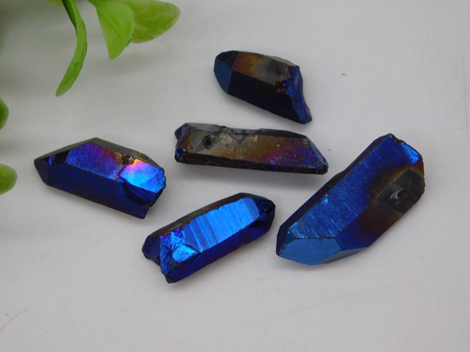 Crystal — Blue Titanium Aura Quartz Points Lot of 5 Iridescent Electroplated Specimens (1 of 2)