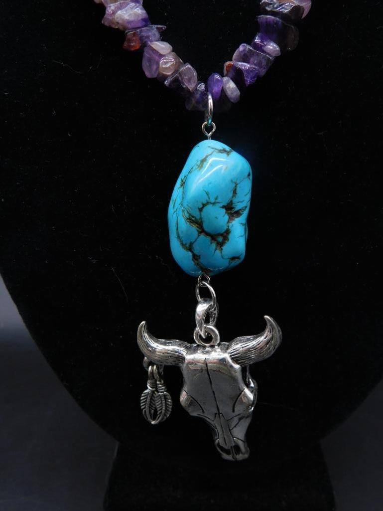 COW SKULL AND TURQUOISE PENDANT ON AMETHYST CHIP NECKLACE: WELCOME TO HATMAN AUCTIONS! SPECIAL NOTICE: Please see photos for measurements and descriptions. ***Yes, we have in house shipping with MANY REPEAT CUSTOMERS because of our streamlined service.