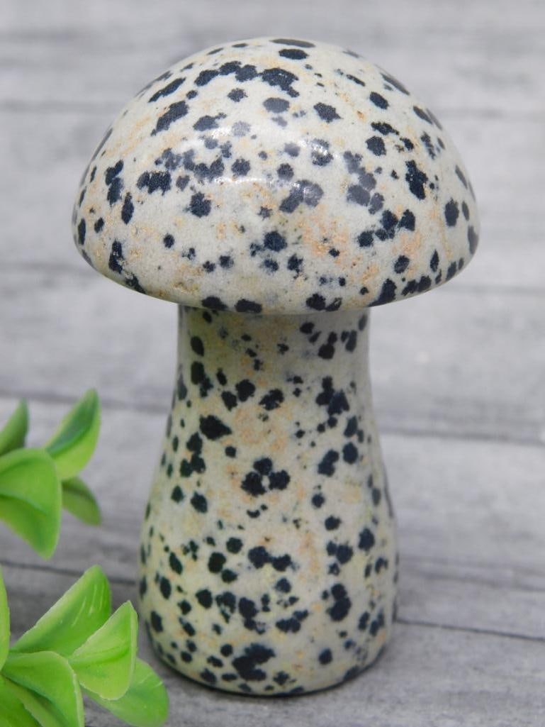 Spotted Stone Mushroom Ornament with Weight Noted: Stone mushroom-shaped ornament with black spots on a light stone background. The piece weighs approximately 93 grams, as noted by the accompanying description card. A ruler in the image suggests some
